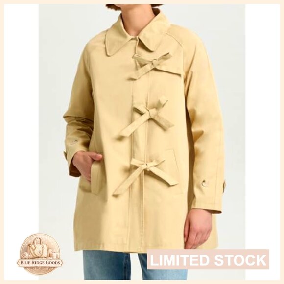 Long Sleeve Trench Coat Classic Elegant Loose Fit Bow Toggle Lapel Overcoat - Picture 4 of 7